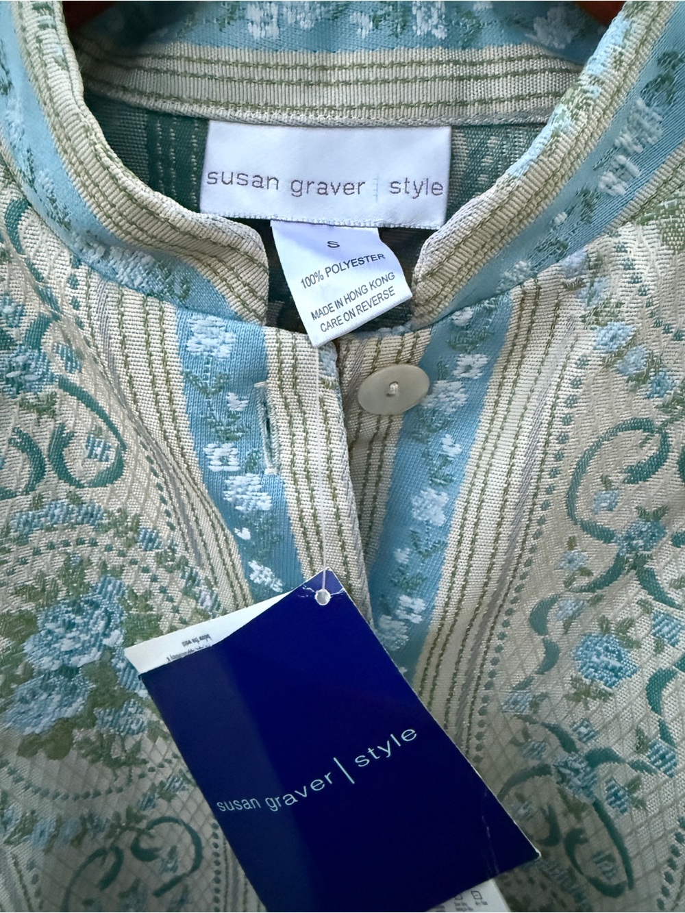 Susan Graver Blue and Cream Floral Brocade Vintage Jacket - Picture 3 of 4